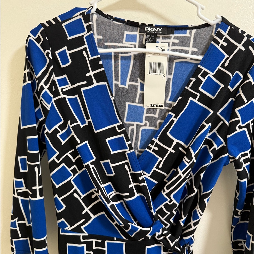 DKNY Black and Blue Abstract Midi Dress